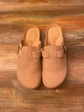Women's Suede Slip-On Clog Mules with Adjustable Buckle in Tan